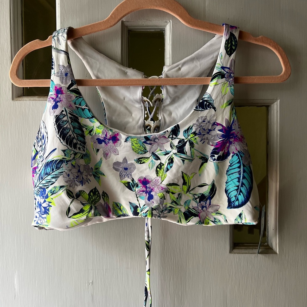 Ambrielle Lace-Up White and Blue Bikini Floral Swim Top